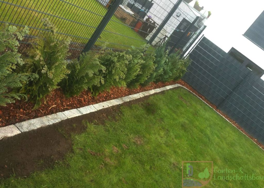 Neu angelegter Rasen mit Randeinfassung und Zaun